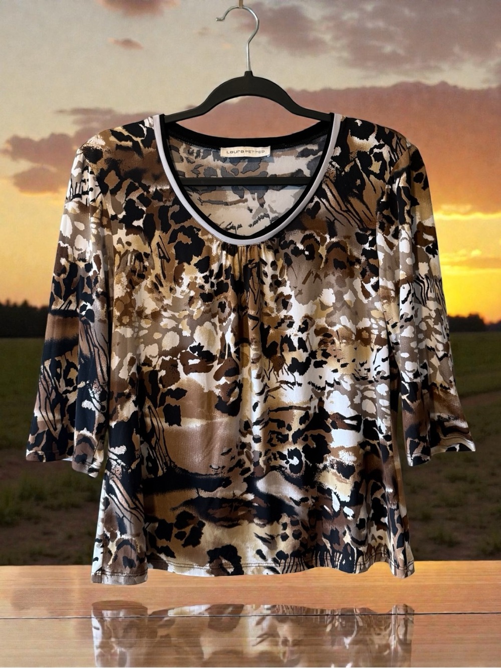 Laura Petites Brown/Beige/Black/Cream/Tan Abstract Blotchy Animal Print Top